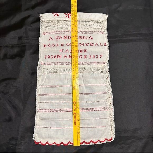 Vintage 1936-37 Belgian Student Handmade Linen Embroidery Needlepoint Sampler - Picture 10 of 11